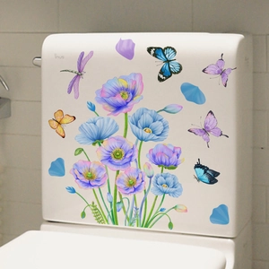 Selbstklebende Wandaufkleber mit blauen Mohnblumen und bunten Schmetterlingen für das Bad
