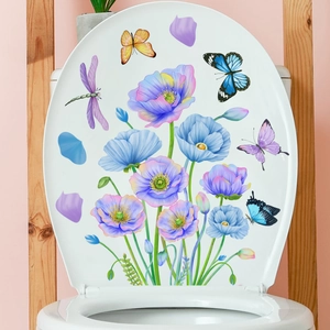 Blumen Aufkleber für Toilettendeckel mit blauen Mohnblumen und bunten Faltern