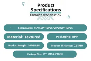 Infographic showing textured tile stickers in 15x15cm and 20x20cm sizes, 10 pieces set