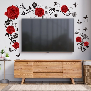 Floral wall sticker with red roses vines and black butterflies on living room wall