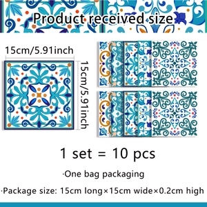 Détail d'un lot de 10 autocollants de carrelage bleu vintage de 15x15cm pour murs