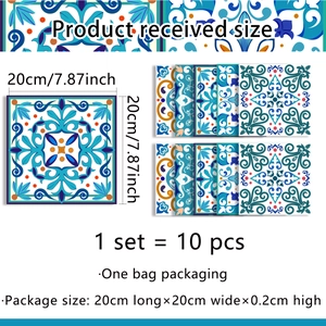Lot de 10 stickers carrelage bleus méditerranéens adhésifs, 20x20cm pour déco de cuisine