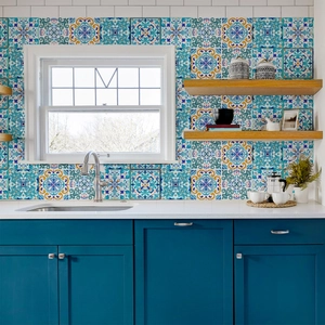 Stickers carrelage géométriques bleus méditerranéens pour décoration murale de cuisine