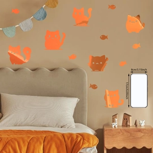 Luminous orange cartoon cat and fish wall stickers for children bedroom decor
