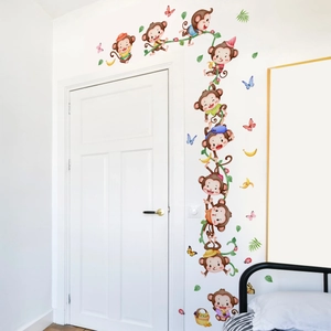 Cartoon monkey wall stickers with butterflies and vines for kids room decoration