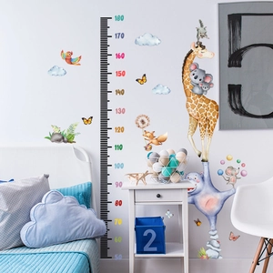 Cartoon animal height chart wall sticker for kids with giraffe and fox from 50 to 180cm