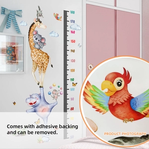 Cartoon animal height growth chart wall sticker featuring giraffe and koala for kids room