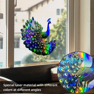 Macro detail of holographic laser peacock wall sticker showing iridescent color shifts