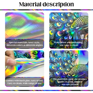 Detailed holographic peacock wall sticker showing laser color-changing effect and waterproof texture