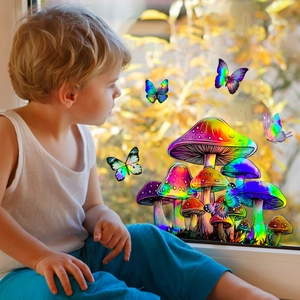 Holographic gradient mushroom and butterfly window decals shown in a home setting