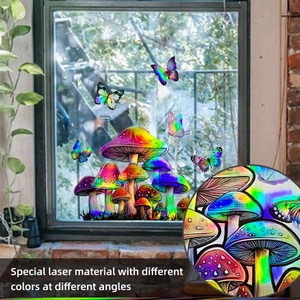 Detail of laser mushroom and butterfly window decals showing holographic color change effect