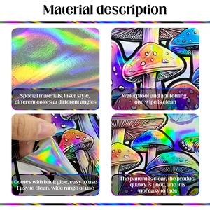 Macro view of holographic laser mushroom stickers showing waterproof texture and adhesive backing