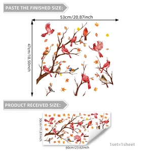 Pegatinas estáticas de pájaros rojos y ramas de arce para decoración de vidrios