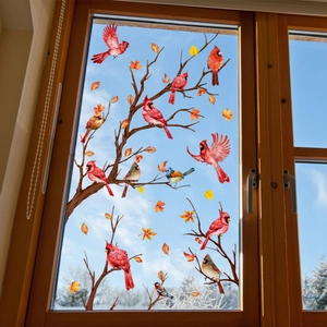 Pegatinas de doble cara para ventanas con aves cardenales y hojas de otoño decorativas
