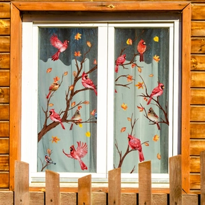 Pegatinas de ventana de hojas de arce y cardenales con decoración de ramas de doble cara