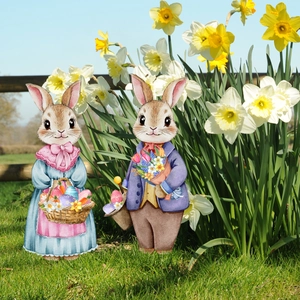 Easter Rabbit Bunny Couple Garden Stakes PVC Waterproof Outdoor Yard Art Spring Pastoral Decorative Signs Lawn Ornament
