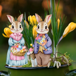 Cute couple rabbit garden stakes PVC Easter outdoor decorative garden signs for flowerbed