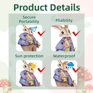 Detail view of rabbit garden stake showing portable, flexible, sun-proof and waterproof features