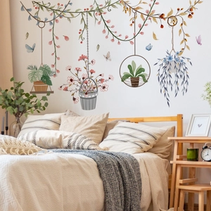 Minimalist hanging plant wall stickers with butterflies for living room bedroom decor