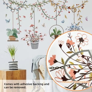 Adhesive wall stickers featuring hanging green plants, flowers, and butterflies for home decor