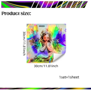 Holographic gradient wall sticker featuring a praying girl with colorful feather wings