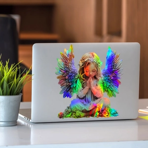 Holographic gradient angel girl sticker with colorful wings on a laptop cover