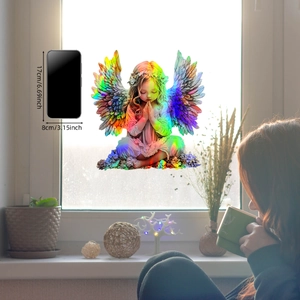 Rainbow laser gradient angel wall sticker with praying girl design, size 17cm x 8cm