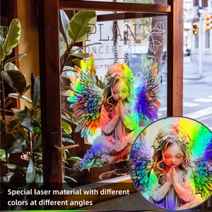 Close-up of holographic angel window sticker showing laser color shift effect