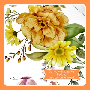 Close-up of floral wall decal with yellow flowers and green leaves, removable adhesive back