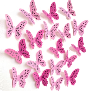 3D pink leaf texture butterfly wall stickers set with realistic shadows on white wall