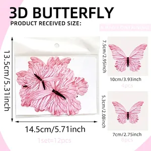 Size guide for 3D pink butterfly wall stickers showing 12-piece set dimensions