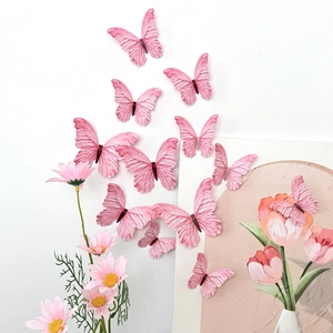 3D pink butterfly wall stickers with leaf and feather texture for DIY home decor 12pcs