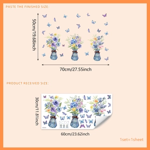 Blue vase flower and butterfly static window stickers set for glass decoration
