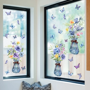 Blue watercolor flower vase and butterflies static window stickers for home glass decor