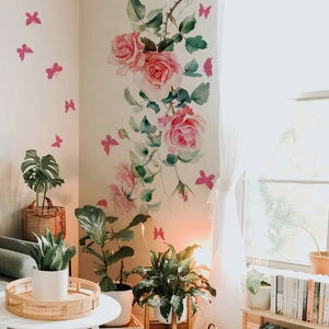 Pink watercolor rose vine and glitter butterfly self-adhesive wall stickers for home decor