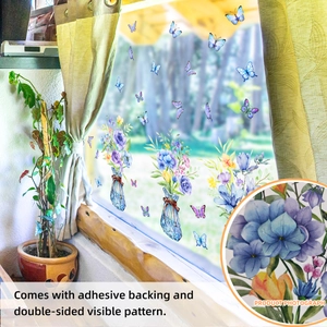 Floral window stickers with double-sided watercolor peony and butterfly designs