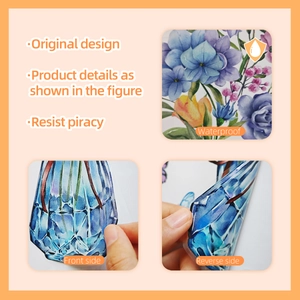 Detail showing waterproof floral window stickers with vibrant blue vase and petal designs