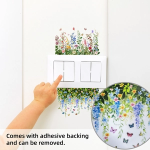 Detail showing self-adhesive floral switch wall stickers with butterfly and wildflower patterns