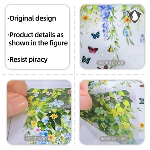 Macro view of waterproof flower and butterfly wall sticker with water droplets detail