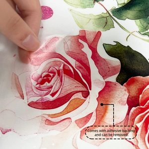 Detail of pink rose vine wall sticker with adhesive backing and removable feature