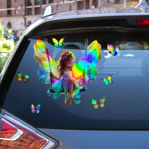 Holographic fairy girl and butterfly wall sticker for car rear window in iridescent colors
