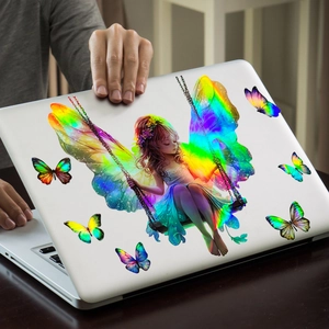 Laser gradient wall sticker of a swing girl and butterflies with iridescent color effects