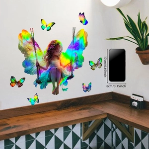 Laser wall decal of a fairy on swing with colorful butterflies and rainbow gradient wings