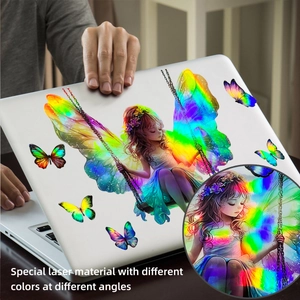 Detail of laser butterfly girl wall sticker showing rainbow gradient effects at angles