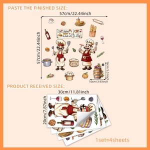 Cartoon kitchen wall stickers featuring chef, food, and wine motifs for dining room decor