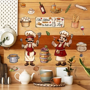 Cartoon Chef Kitchen Wall Stickers PVC Waterproof Food Pattern Fridge Decor Decals For Dining Room Restaurant Home Decoration