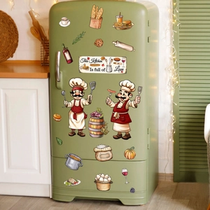 Cartoon chef kitchen stickers set with 'Kitchen Is Full of Love' text on green fridge