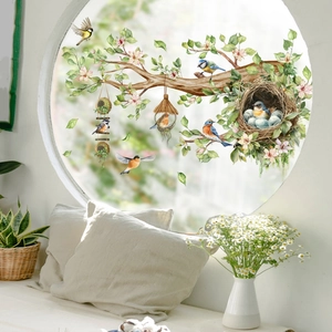 Watercolor bird nest wall sticker with tree branches and blue eggs for room decor
