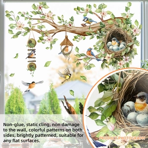 Detailed double-sided bird and floral static window clings with cherry blossoms and nest