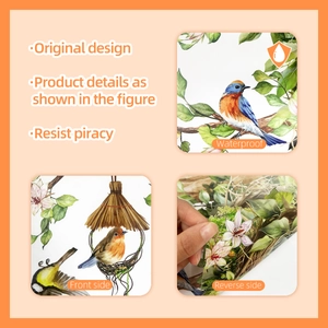 Detailed view of watercolor bird and floral stickers with double-sided waterproof printing